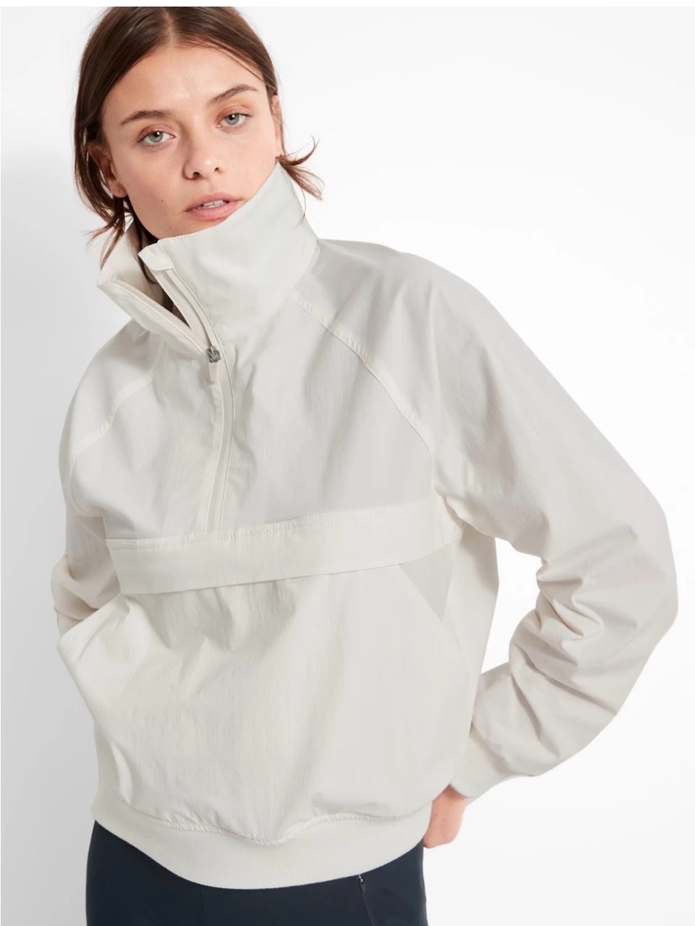 90s Minimalist White Popover Anorak Windbreaker Funnel Neck Jacket